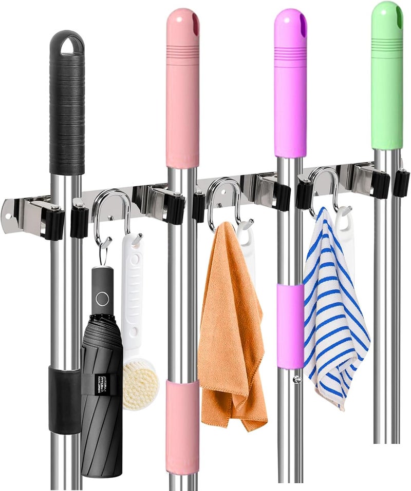 GUUKAR Mop Broom Holder Wall Mount, Silver Stainless Steel Tool Storage Organizer for Kitchen Garden Garage Laundry Room Bathroom and RV with 4 Slots 6 Hooks - Image 1